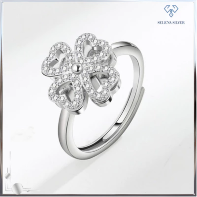 Nhẫn bạc nữ dạng xoay độc lạ đính đá CZ hình cỏ 4 lá