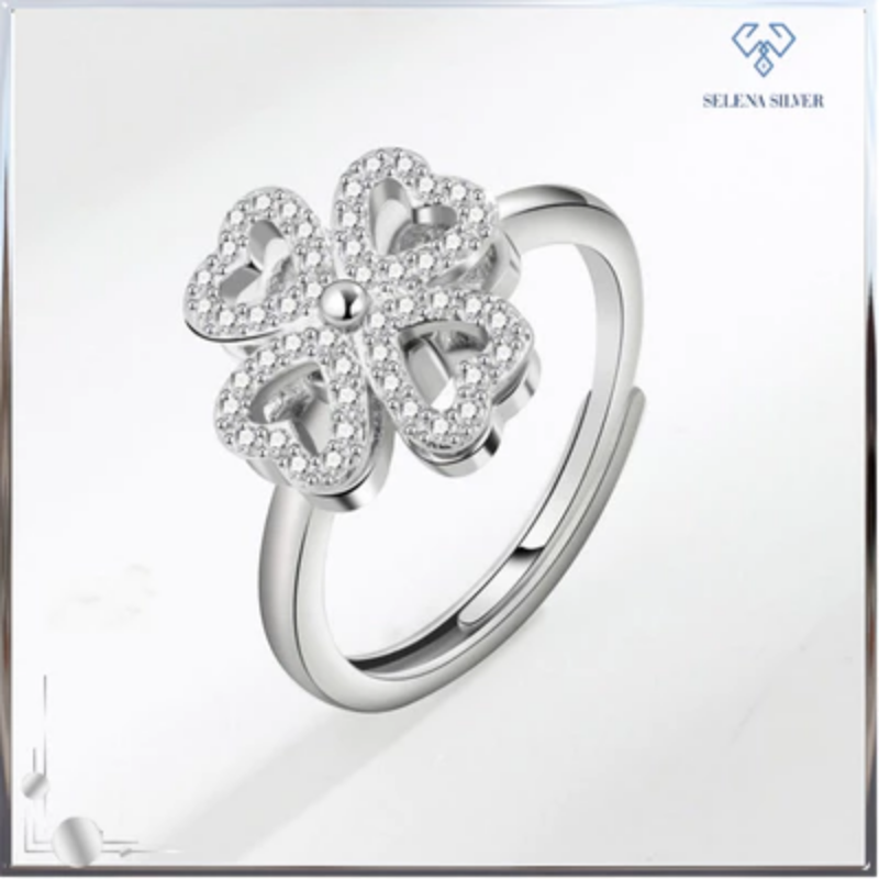Nhẫn bạc nữ dạng xoay độc lạ đính đá CZ hình cỏ 4 lá Nhẫn bạc nữ dạng xoay độc lạ đính đá CZ hình cỏ 4 lá