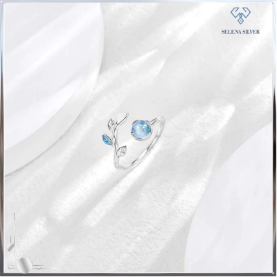 Nhẫn bạc nữ đính đá CZ hình cành lộc non Selena Silver