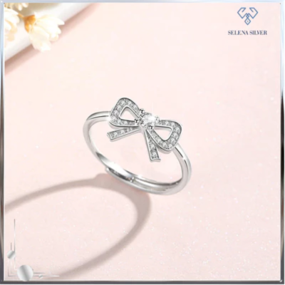 Nhẫn bạc nữ đính đá CZ hình chiếc nơ Arabella trực diện